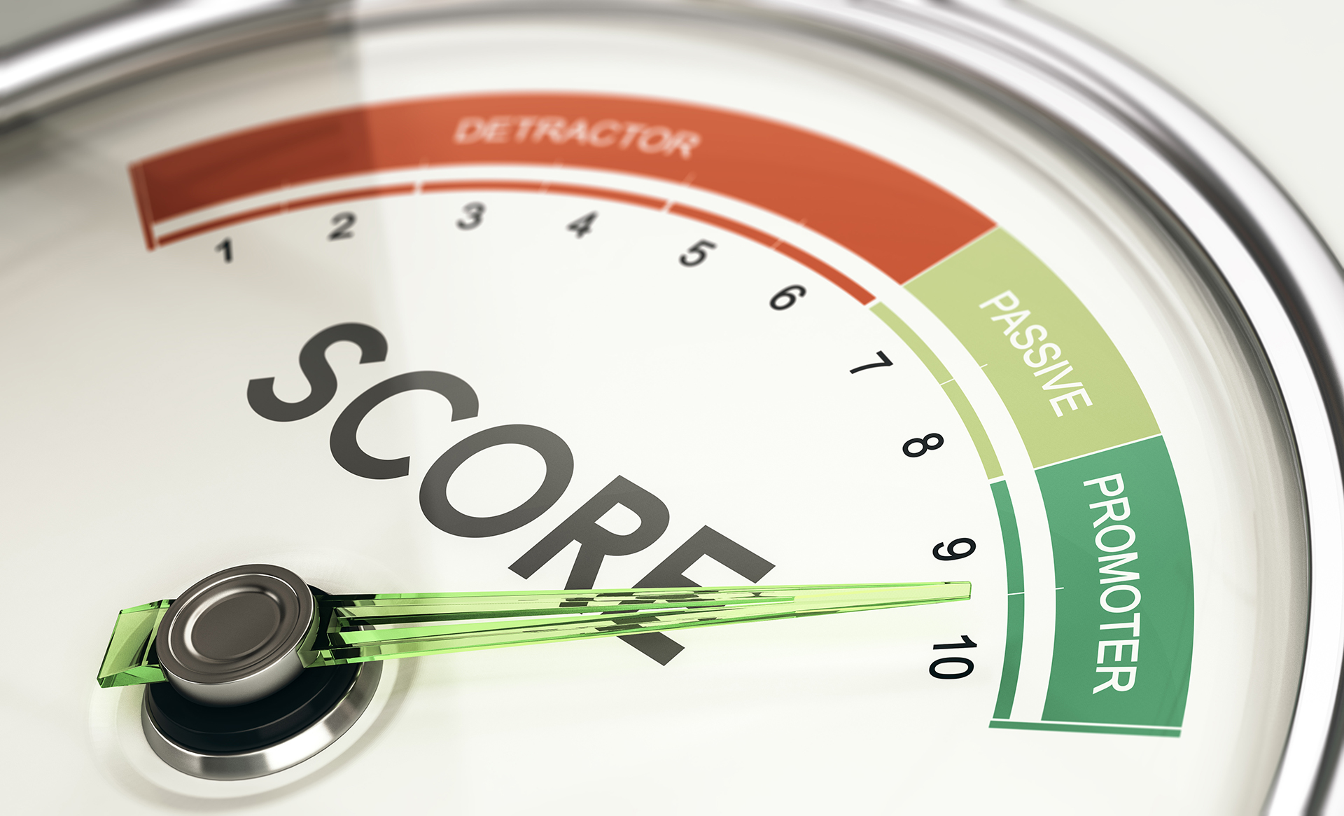 Concept of KPI, key performance indicator, Net Promoter Score Gauge with needle pointing to promoter.